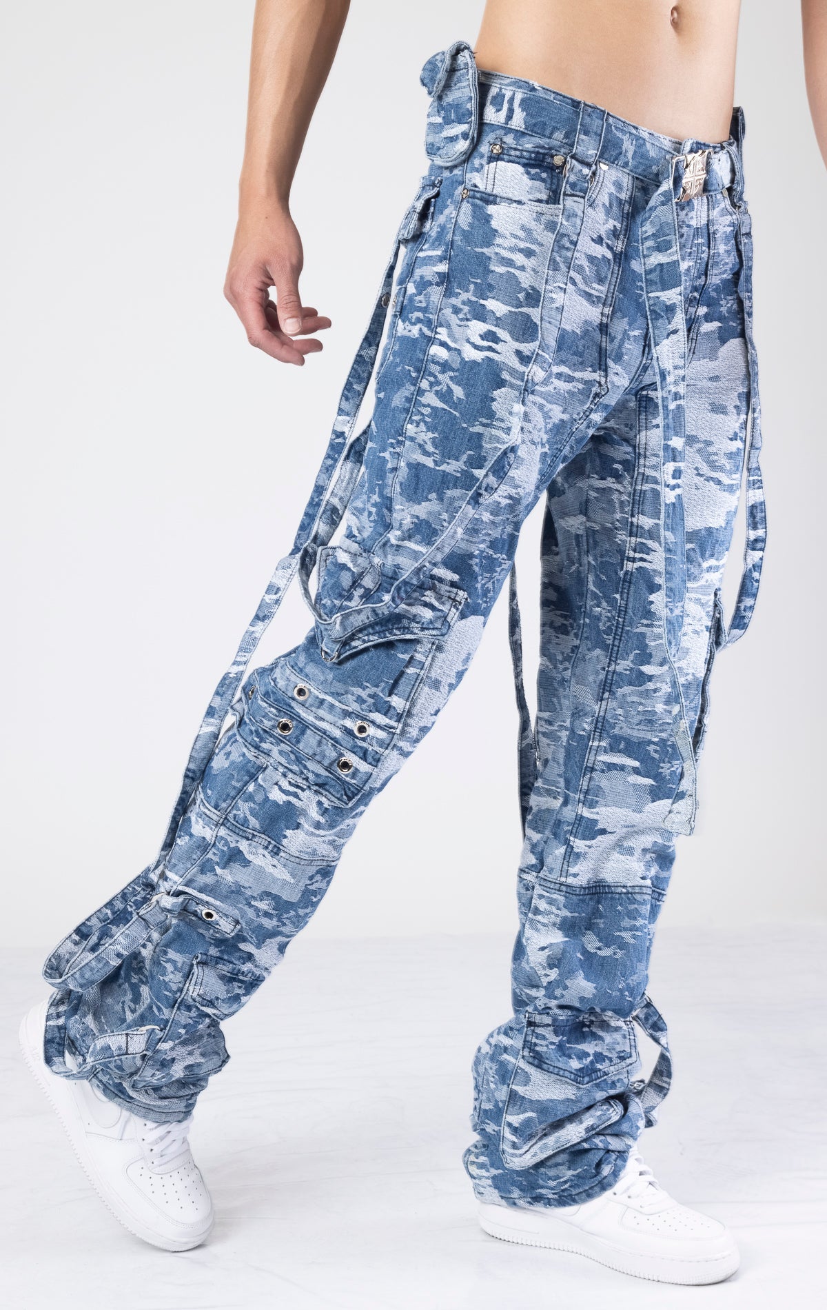 Aqua blue distressed raver cargo premium denim. 