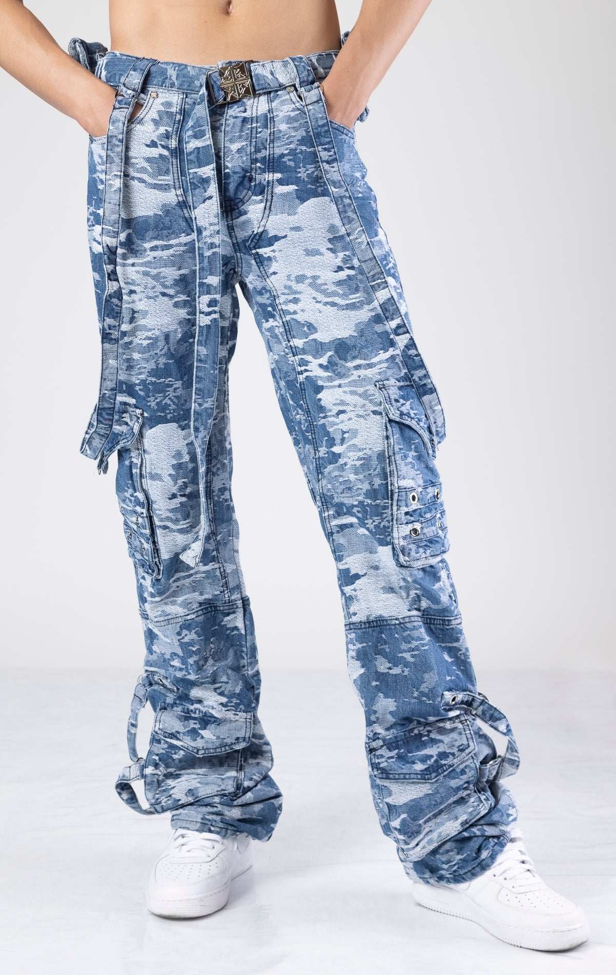 Aqua blue distressed raver cargo premium denim. 