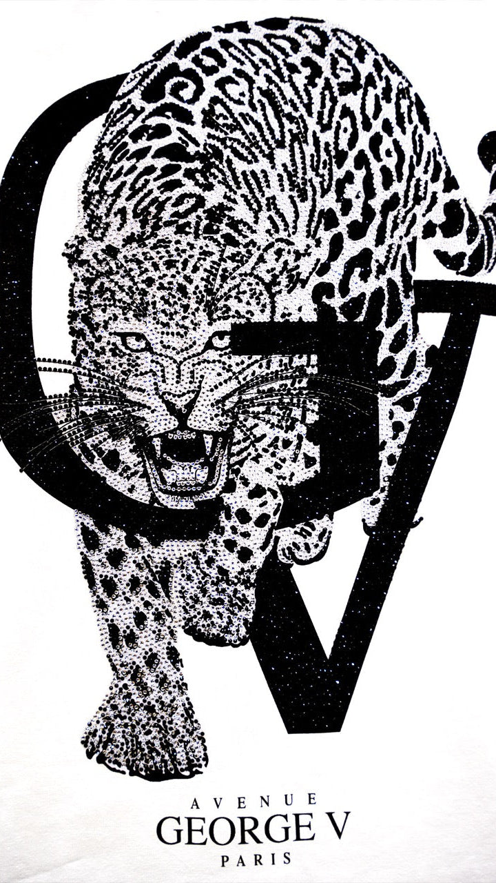 Black and white graphic print featuring a spotted leopard in front of large stylized letters, with the text 'AVENUE GEORGE V PARIS' at the bottom.
