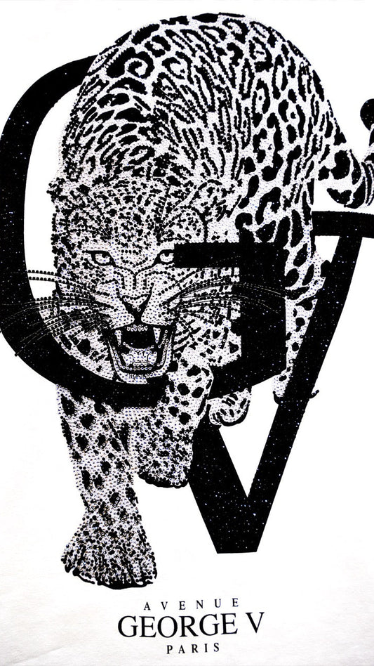 Black and white graphic print featuring a spotted leopard in front of large stylized letters, with the text 'AVENUE GEORGE V PARIS' at the bottom.