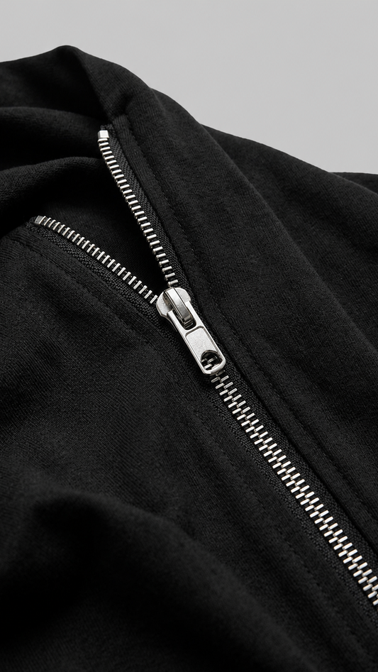 Close-up of a black shirt with a silver zipper on a grey background