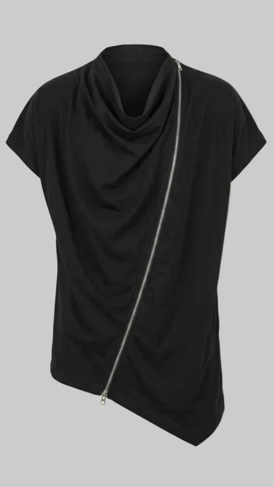 Black draped top with a zipper on a beige background