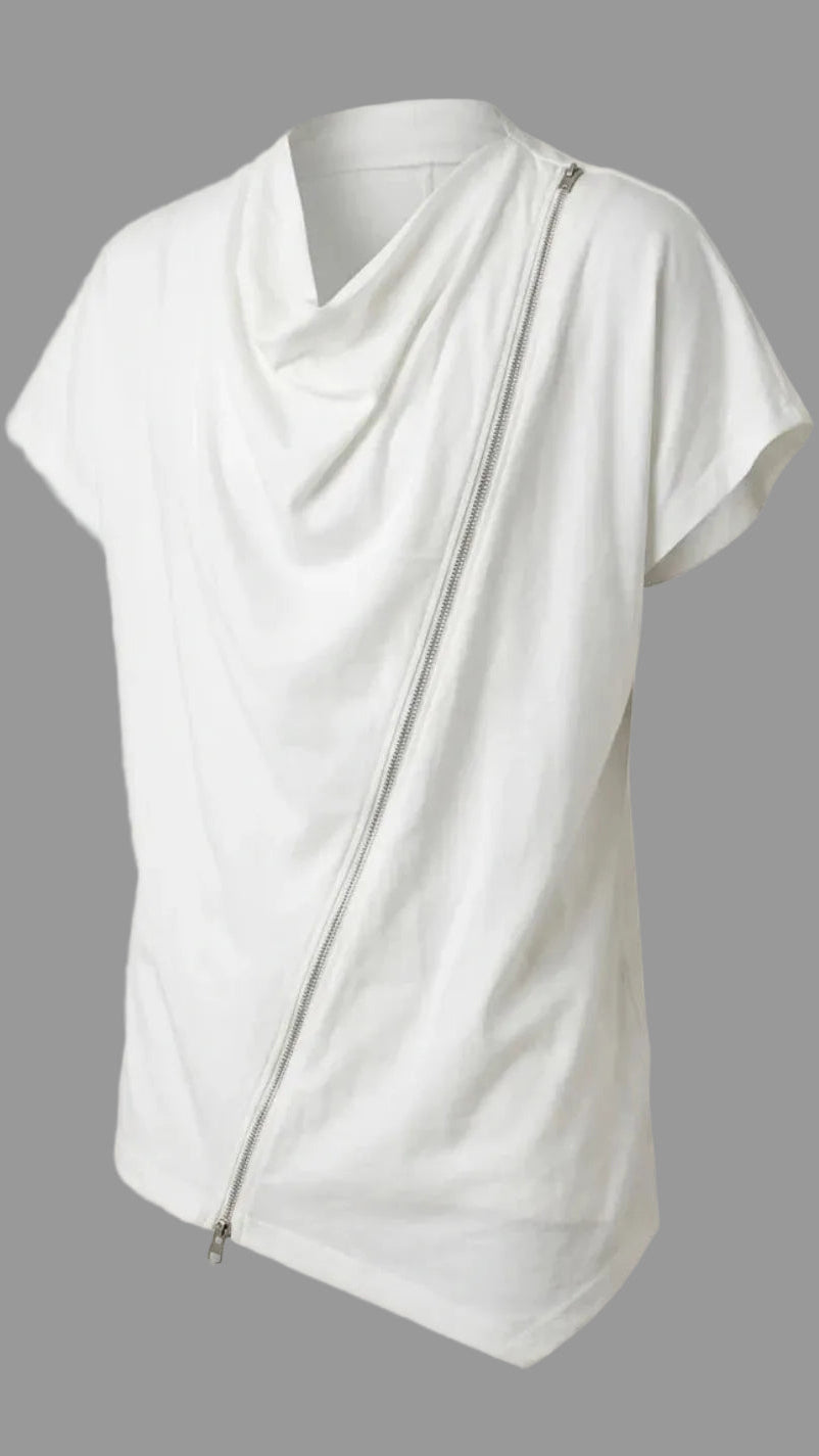 White sleeveless top with a zipper on a beige background