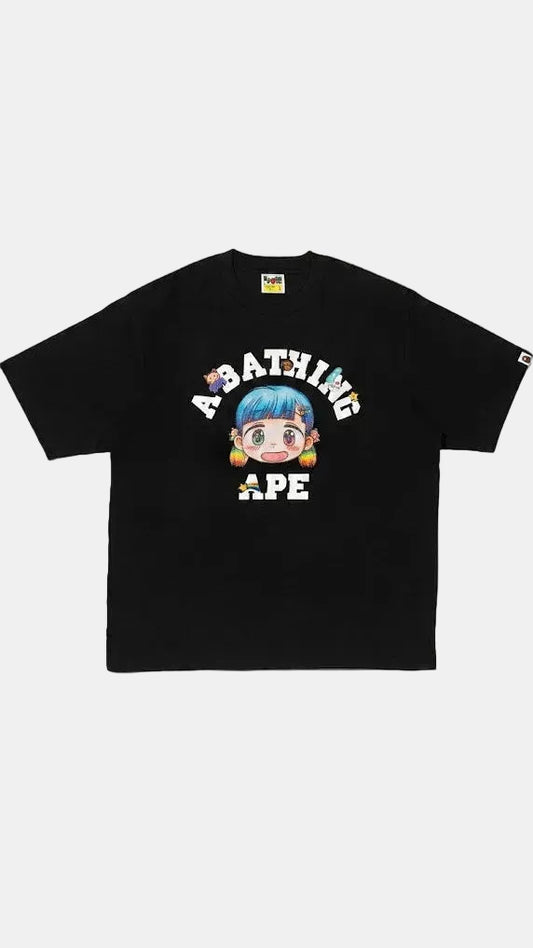 A black short-sleeve graphic t-shirt featuring a cartoon character with blue hair and the text 'A BATHING APE' on the front, displayed flat against a light gray background.