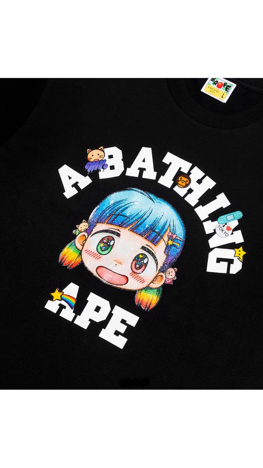 Black t-shirt with a colorful graphic of a character and 'A Bathing Ape' text on a white background
