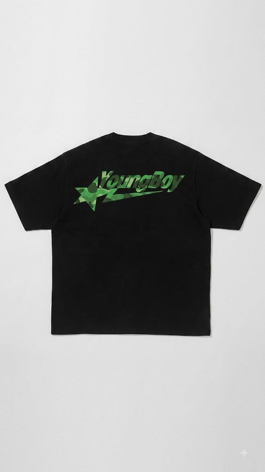 A black short-sleeve t-shirt with a green graphic on the chest reading 'YoungBoy' over a star, displayed flat against a light gray background.