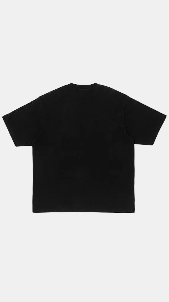 A black short-sleeve crewneck t-shirt shown from the back, laid flat against a light gray background.