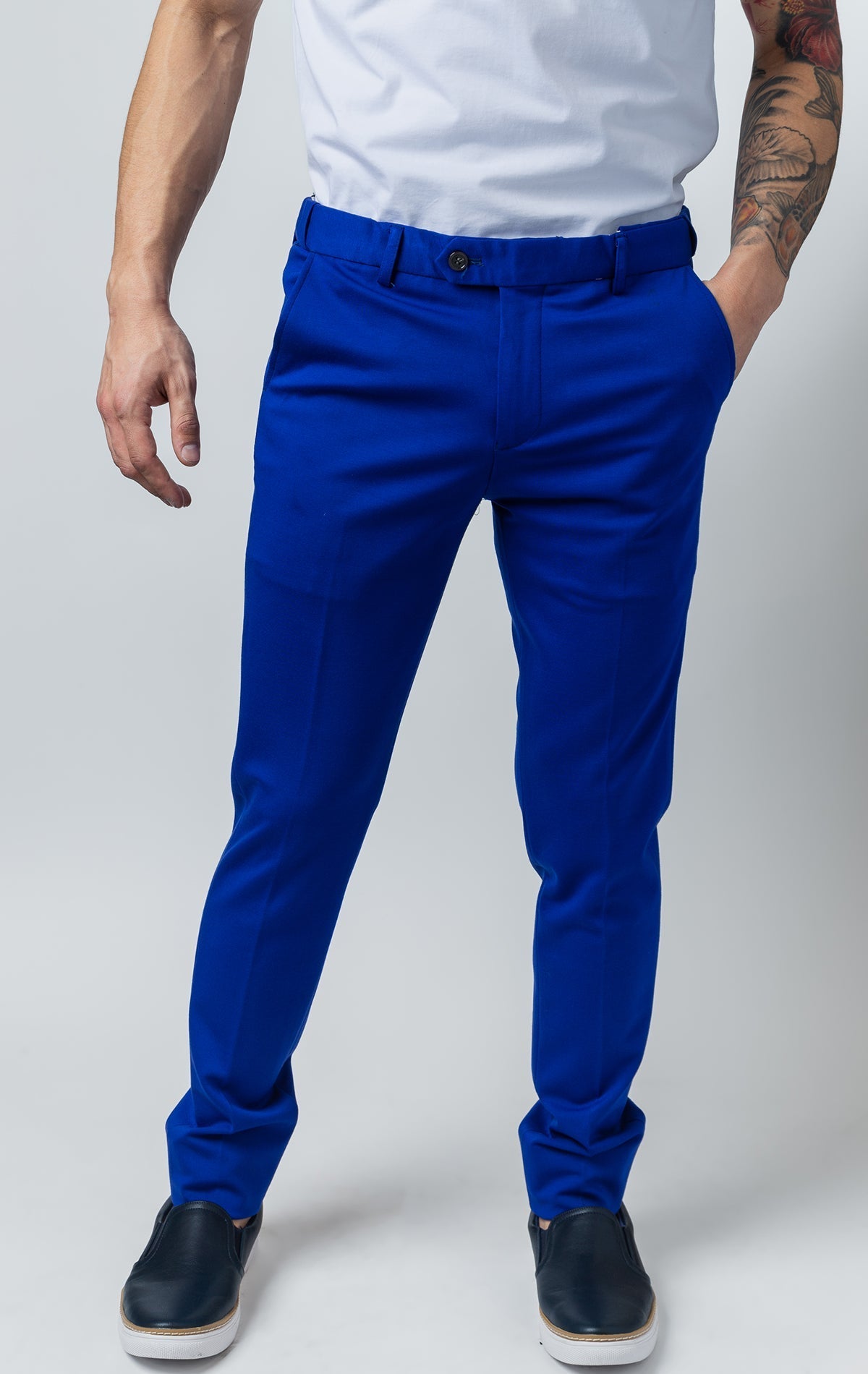 Men's basic solid color chino dress pants with elastic waistband technology in  blue color