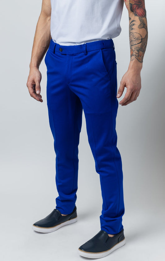 Men's basic solid color chino dress pants with elastic waistband technology in  blue color