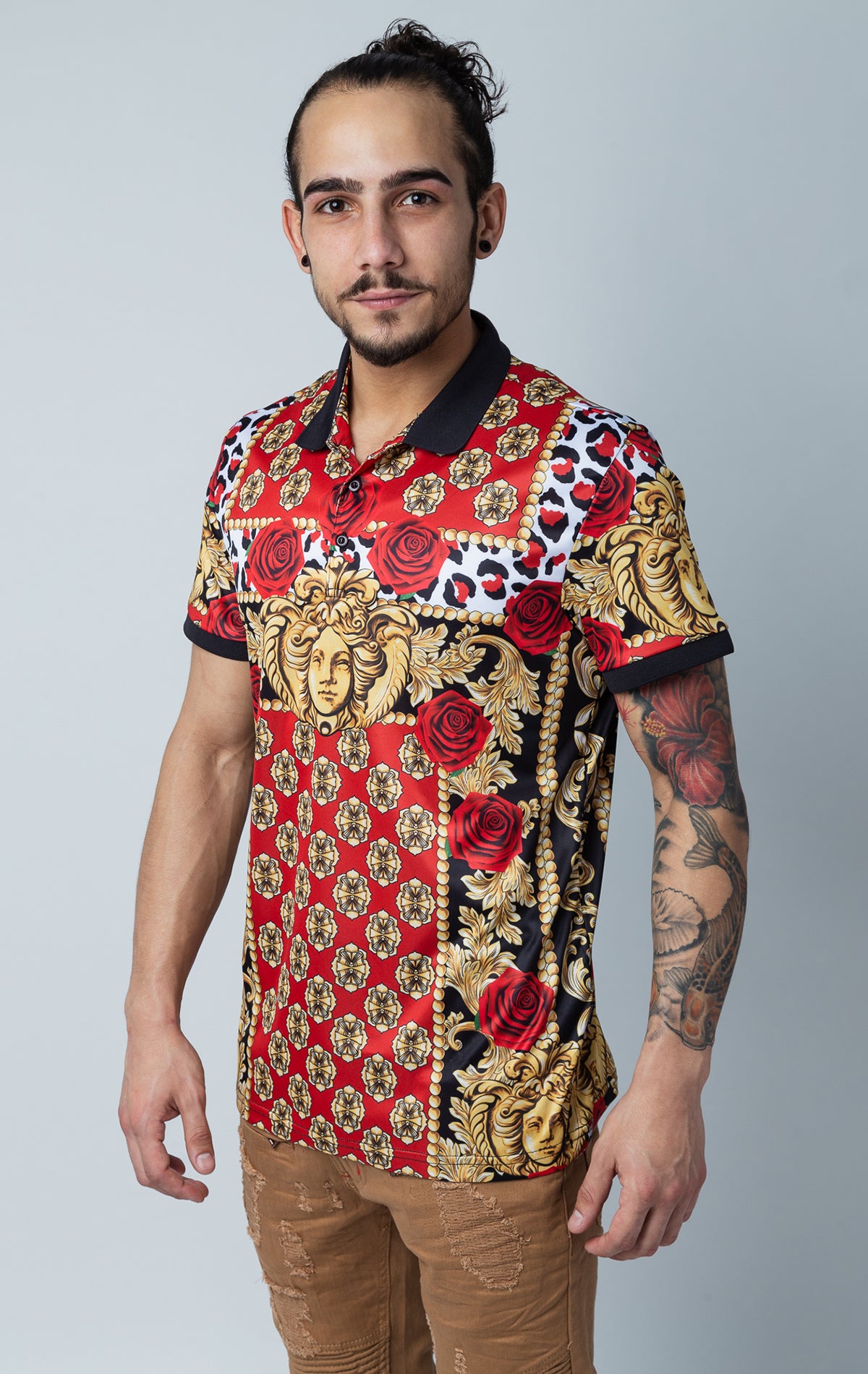 Stylized all over graphic polo shirt with collared detailing, short-sleeved composition, three button front fastening,