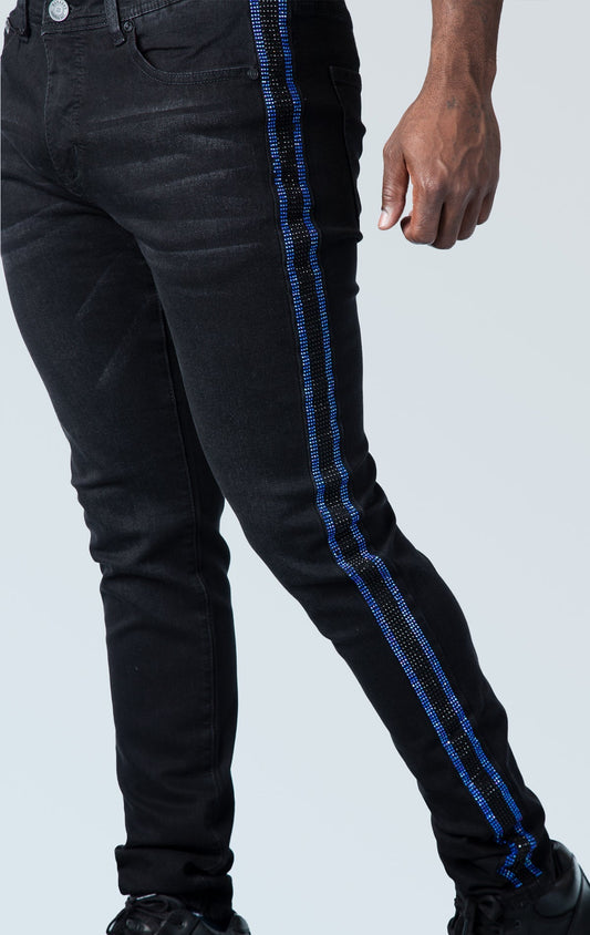 High-quality denim jeans with side stripe taping and a slim-fit design, made from 98% cotton and 2% spandex for comfort stretch.