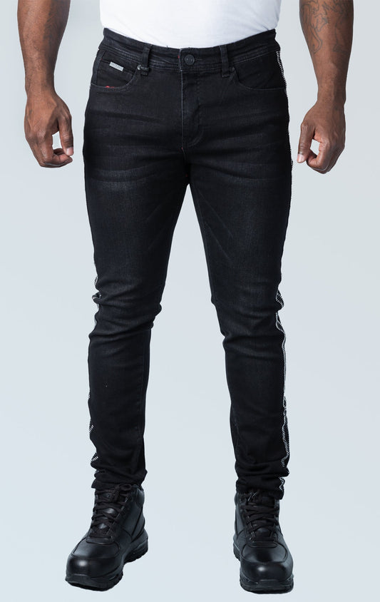 High-quality denim jeans with side stripe taping and a slim-fit design, made from 98% cotton and 2% spandex for comfort stretch.