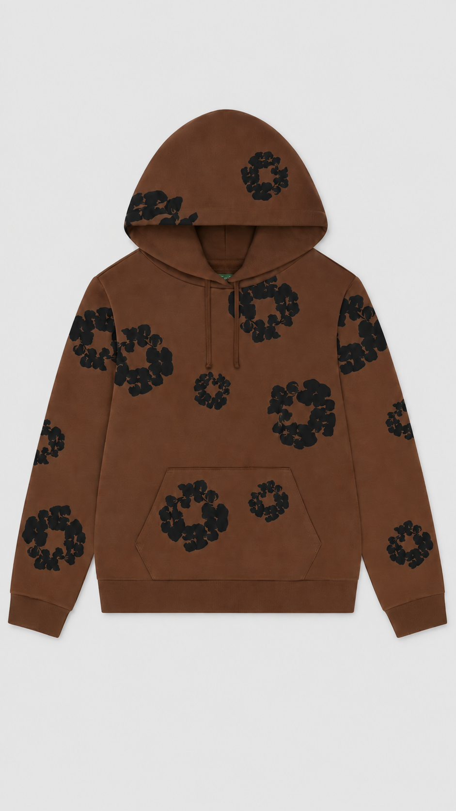 A brown pullover hoodie with an all-over black circular pattern, displayed flat against a light gray background.