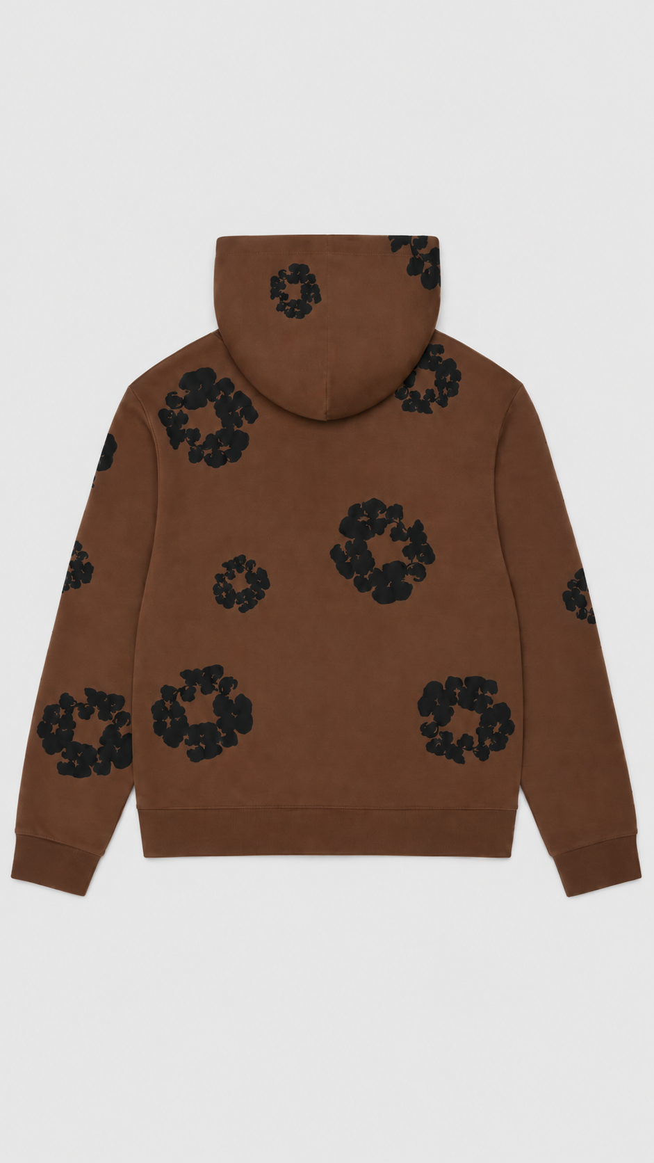 A brown hooded sweatshirt shown from the back, featuring a black floral pattern repeated across the surface, photographed against a light gray background.
