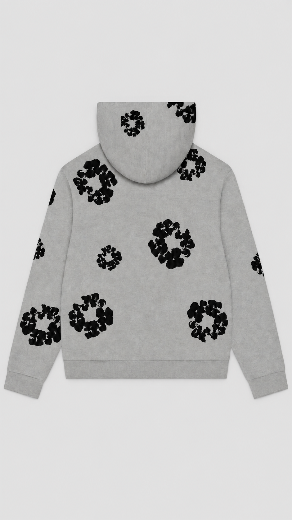 A light gray hooded sweatshirt shown from the back, featuring a black abstract floral or cloud-like pattern repeated across the garment, set against a solid light gray background.