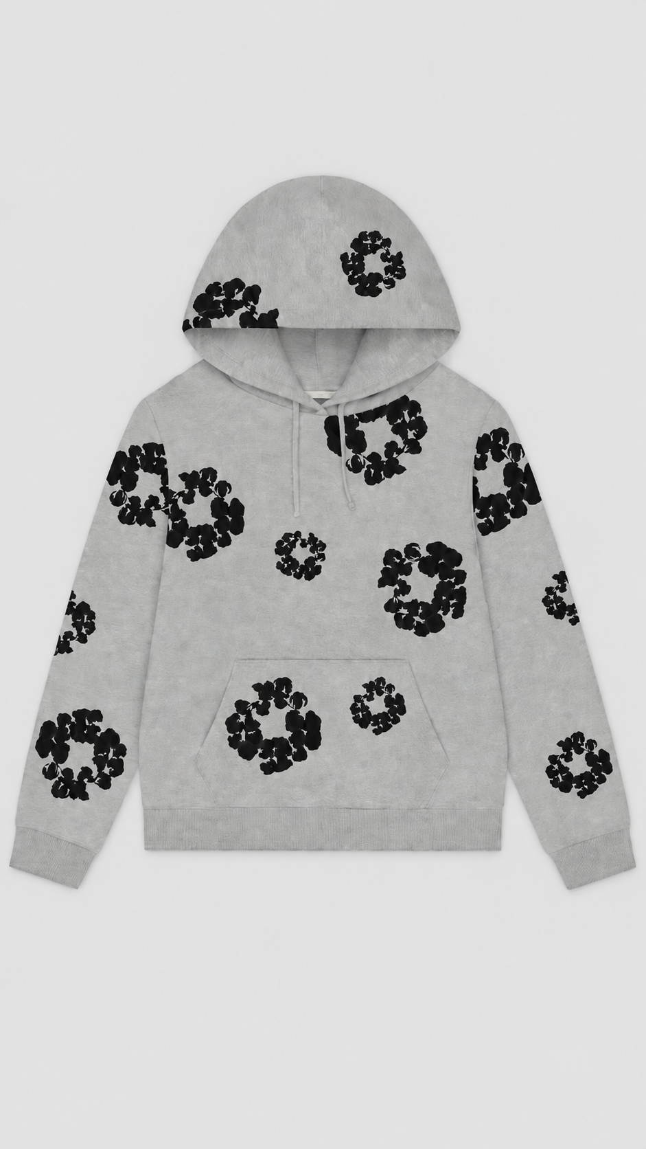A light gray heathered pullover hoodie featuring an all-over black circular pattern, displayed flat against a light gray background.