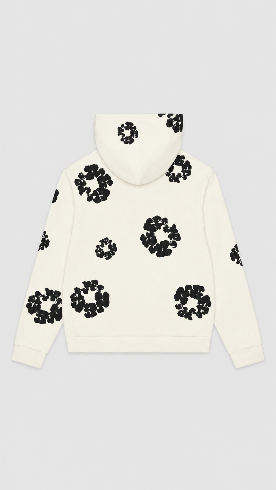 An off-white hooded sweatshirt with black circular floral patterns, shown from the back against a light gray background.