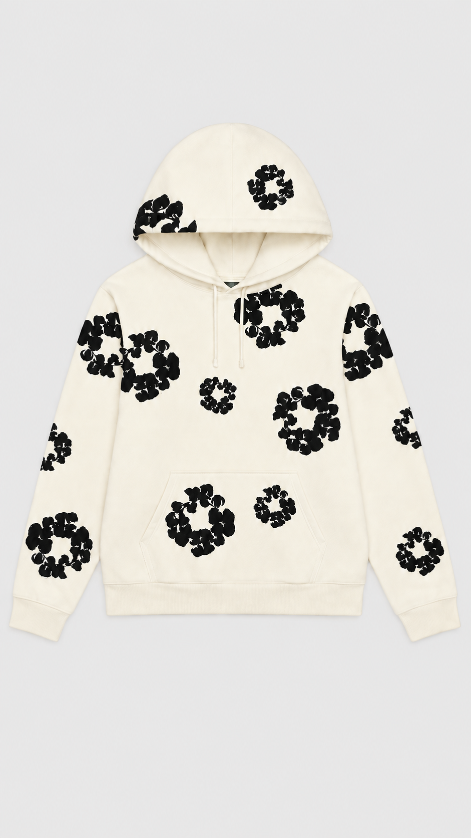 An off-white hooded sweatshirt with black circular floral patterns, displayed flat against a light gray background.