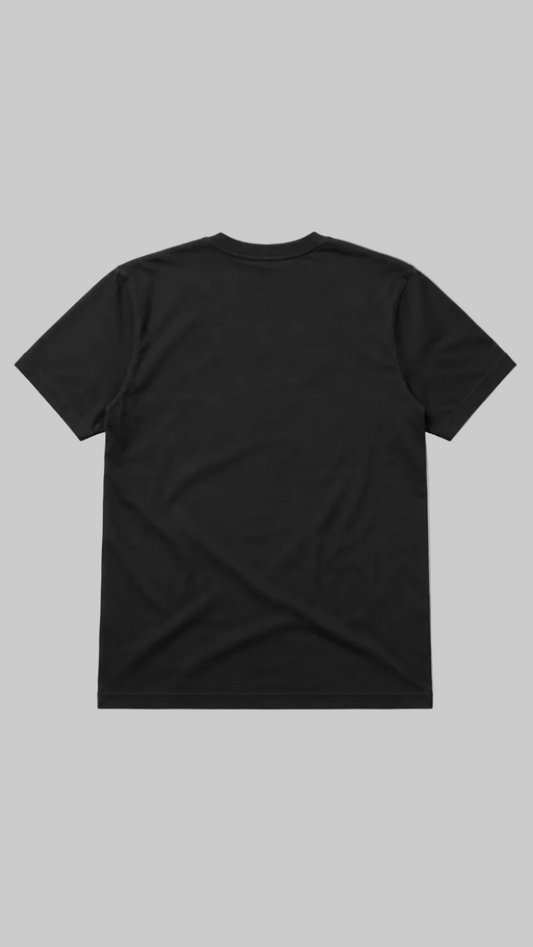 A black short-sleeve crewneck t-shirt shown from the back, laid flat against a light gray background.