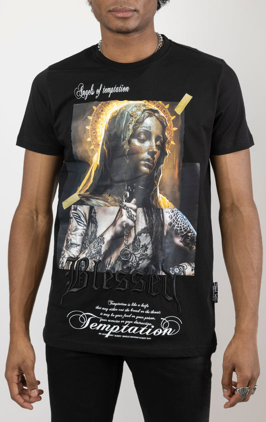 Black Men's regular fit t-shirt in a variety of colors. The shirt features a slightly elongated sleeve, a fitted neckline, and a straight body. It has a "Temptation" front print with 3D embroidery.  Made from 100% cotton jersey (190gsm).  A "blessed" slogan is printed on the inner neck binding and a woven side seam tab with "blessed" is also included.