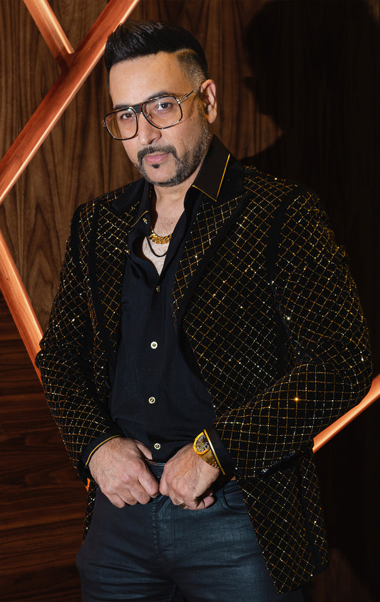 Close-up view of a sophisticated embellished blazer showcasing intricate details and luxurious textures, perfect for special occasions.