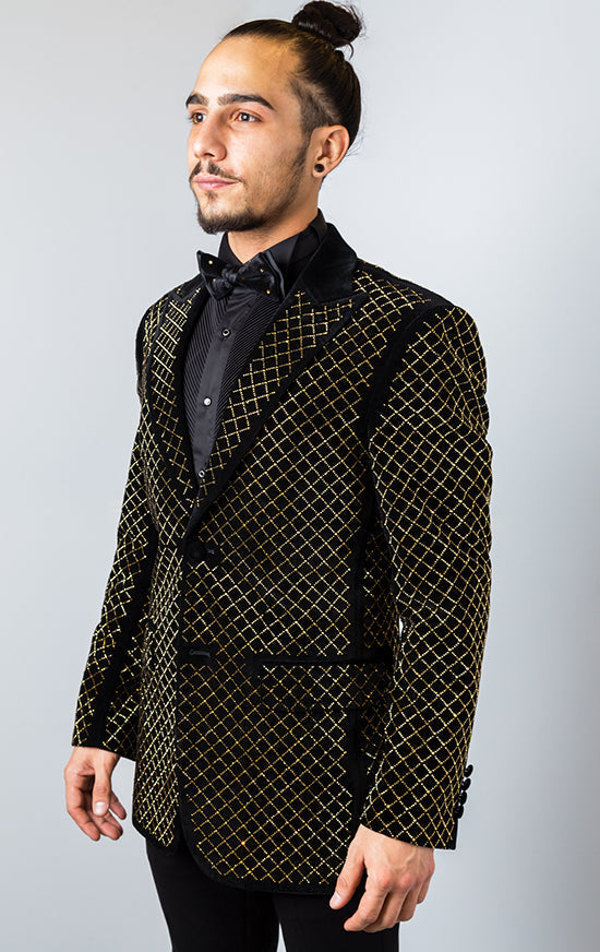 Close-up view of a sophisticated embellished blazer showcasing intricate details and luxurious textures, perfect for special occasions.