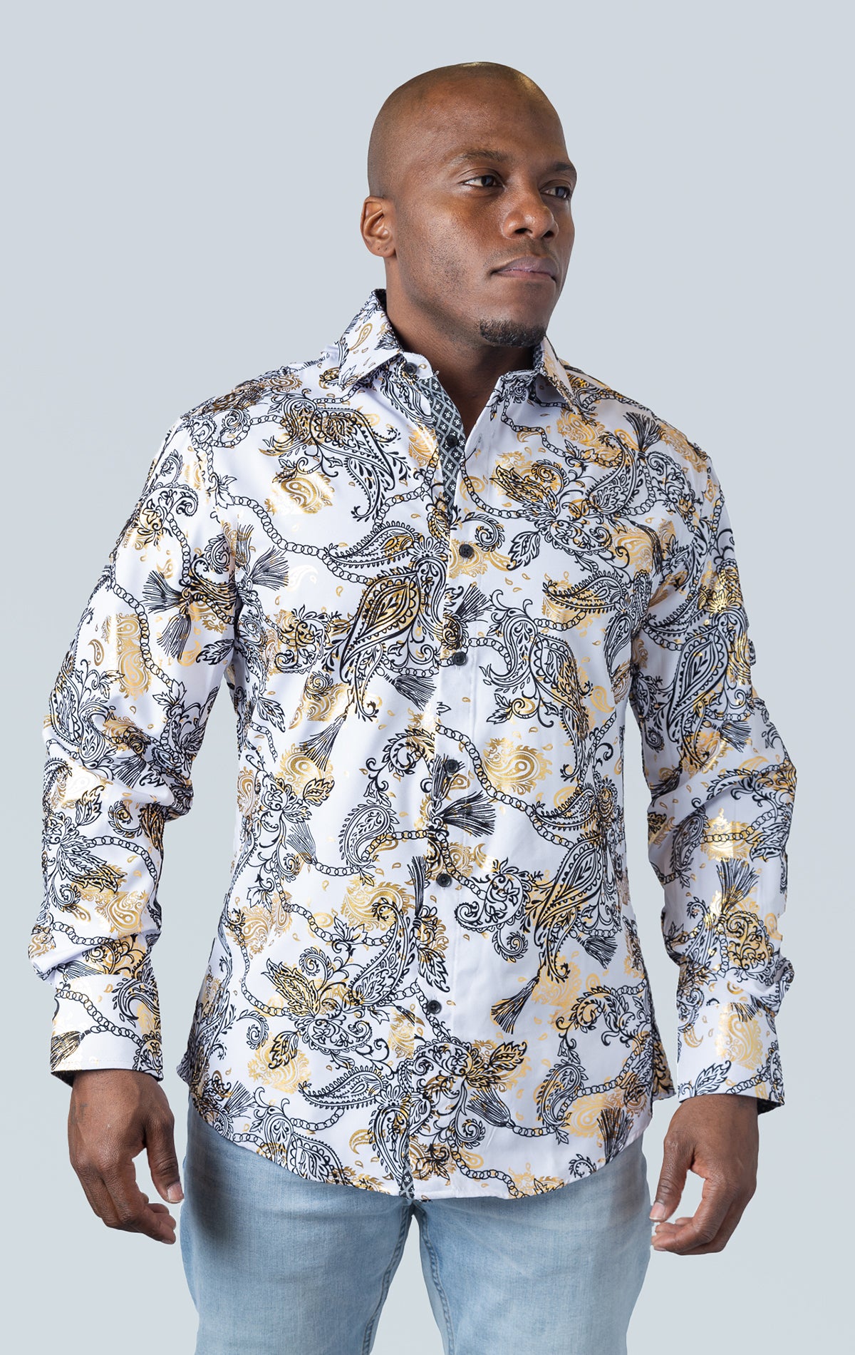 White long sleeve button up shirt with pattern