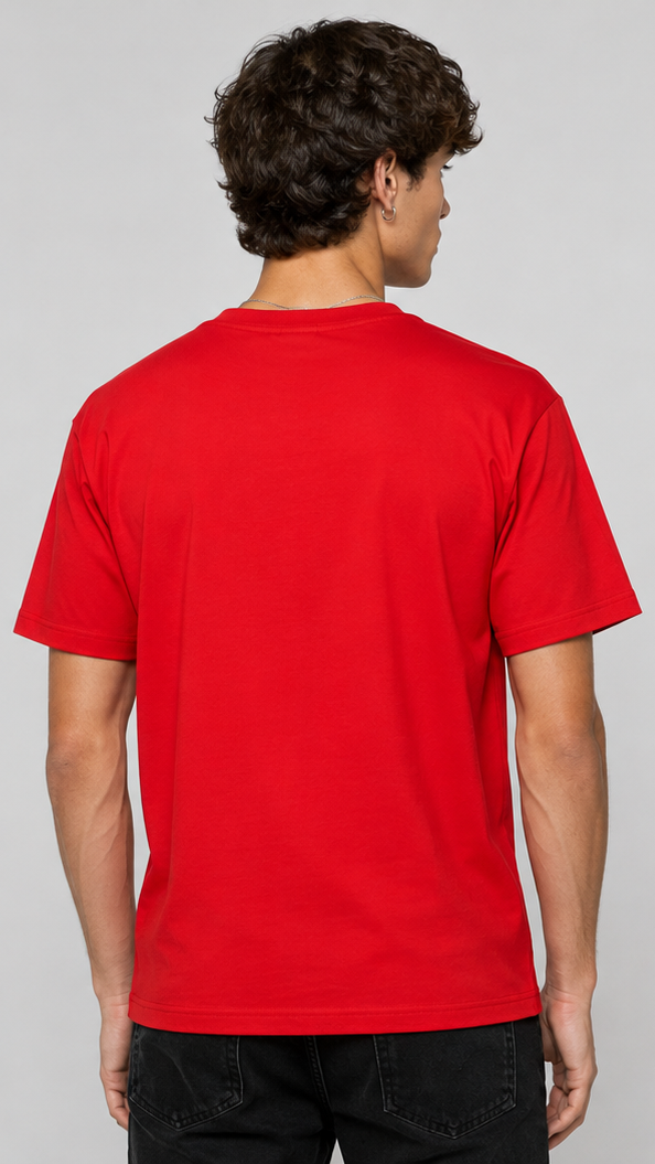 A male model shown from the back wearing a bright red short-sleeve t-shirt. 