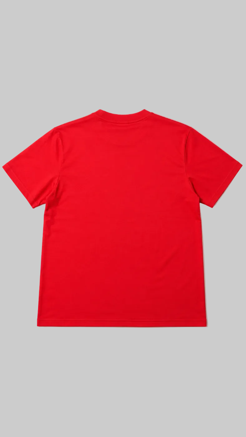 A bright red short-sleeve crewneck t-shirt shown from the back, laid flat against a light gray background.
