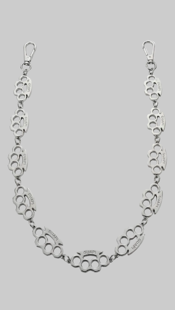 A silver-toned metal chain bracelet featuring repeating knuckle-butt link motifs with engraved text, displayed on a clean white background.