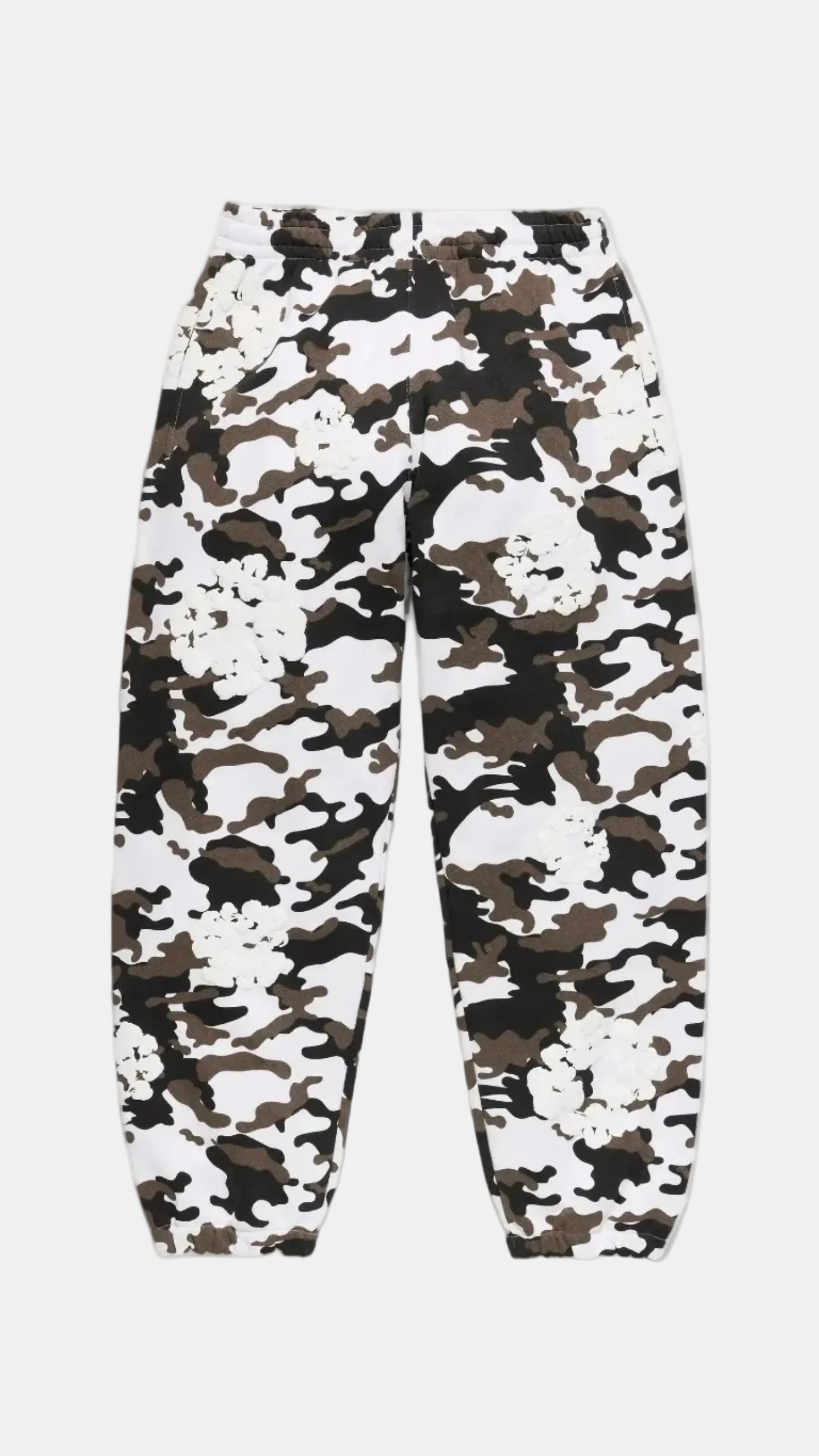 A pair of MENS' jogger pants featuring a white, brown, and black camouflage pattern, displayed flat against a solid white background.