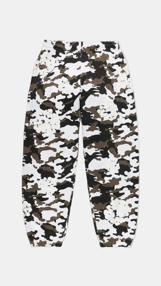 A pair of MENS' jogger pants featuring a white, brown, and black camouflage pattern, displayed flat against a solid white background.