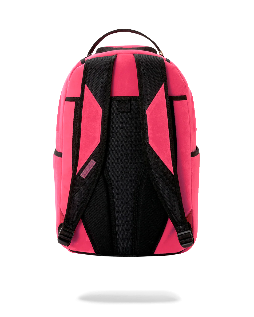 A bright pink and black backpack shown from the back, featuring a top carry handle, padded shoulder straps, and geometric side panel details, isolated on a white background.