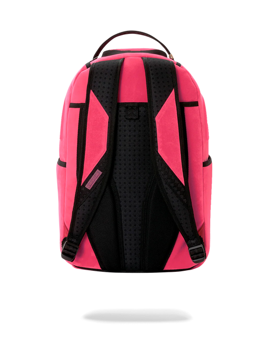 A bright pink and black backpack shown from the back, featuring a top carry handle, padded shoulder straps, and geometric side panel details, isolated on a white background.