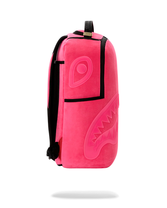 A bright pink backpack with black trim and a tonal shark-face graphic on the front, shown against a plain white background.