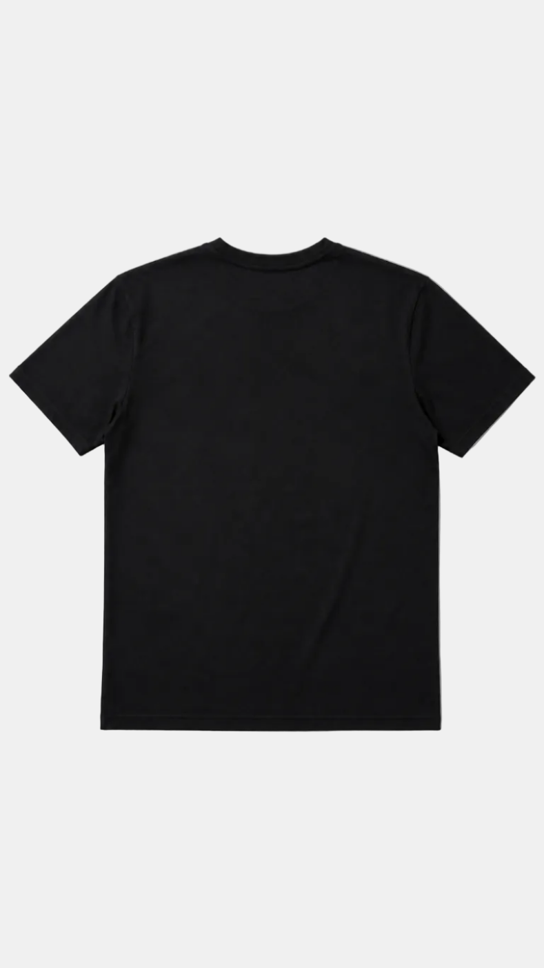 A black short-sleeve crewneck t-shirt shown from the back, laid flat against a light gray background.