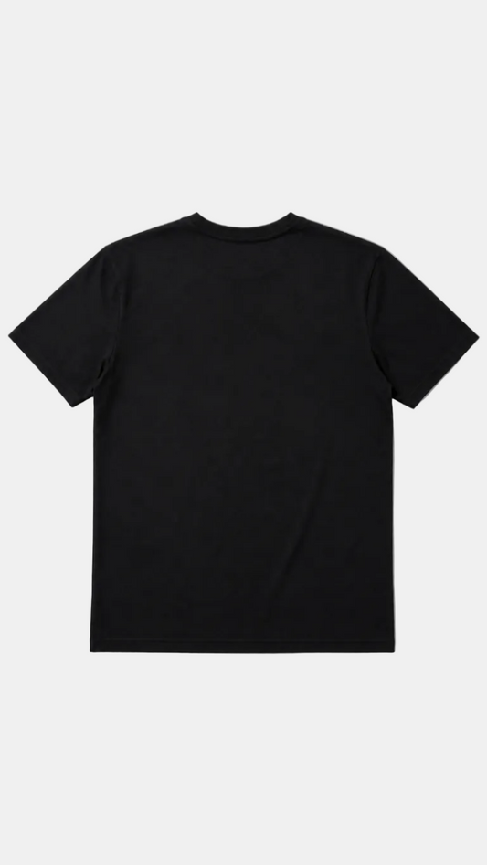 A black short-sleeve crewneck t-shirt shown from the back, laid flat against a light gray background.