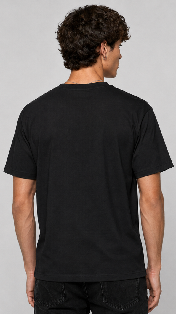A black short-sleeve graphic T-shirt shown on a male model from the back 