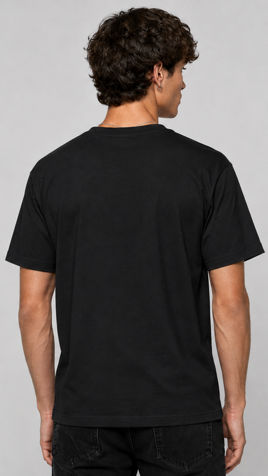 A black short-sleeve graphic T-shirt shown on a male model from the back 