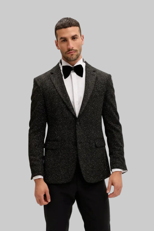 Man wearing a dark suit with a black bow tie on a white background
