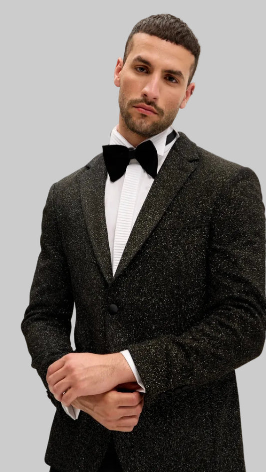 Man wearing a dark suit with a bow tie against a white background