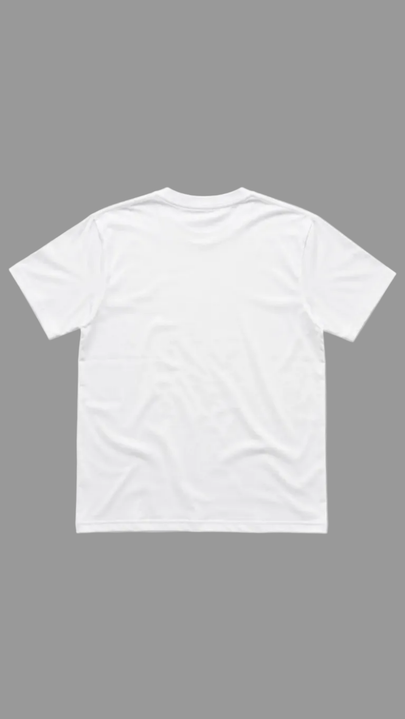 A plain white short-sleeve crewneck t-shirt shown from the back, laid flat against a neutral light gray background.