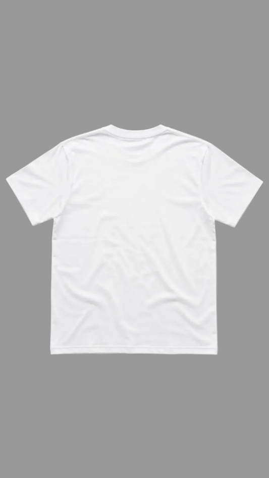 A plain white short-sleeve crewneck t-shirt shown from the back, laid flat against a neutral light gray background.