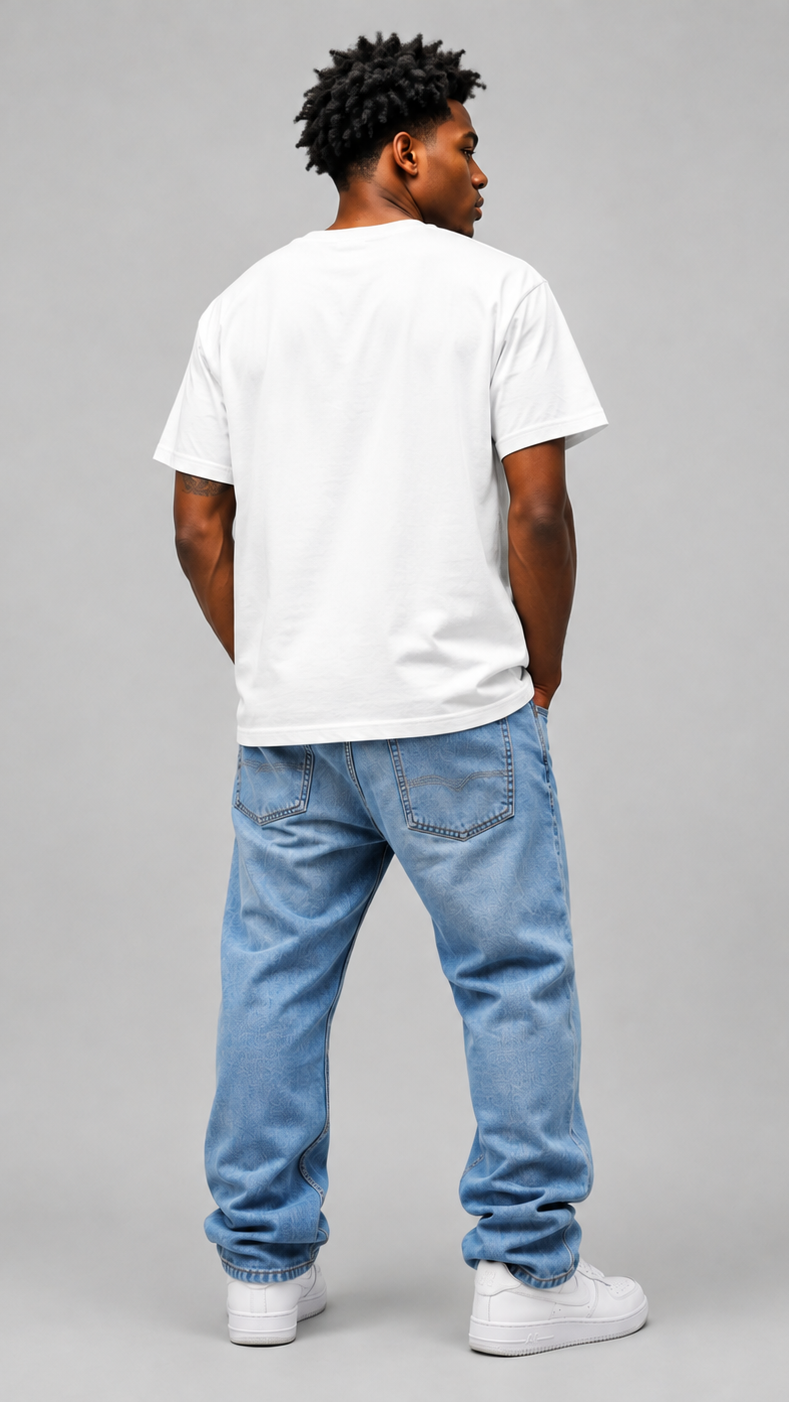 A man viewed from behind wearing a plain white crewneck t-shirt, light blue jeans, and white sneakers, standing against a solid gray studio background.