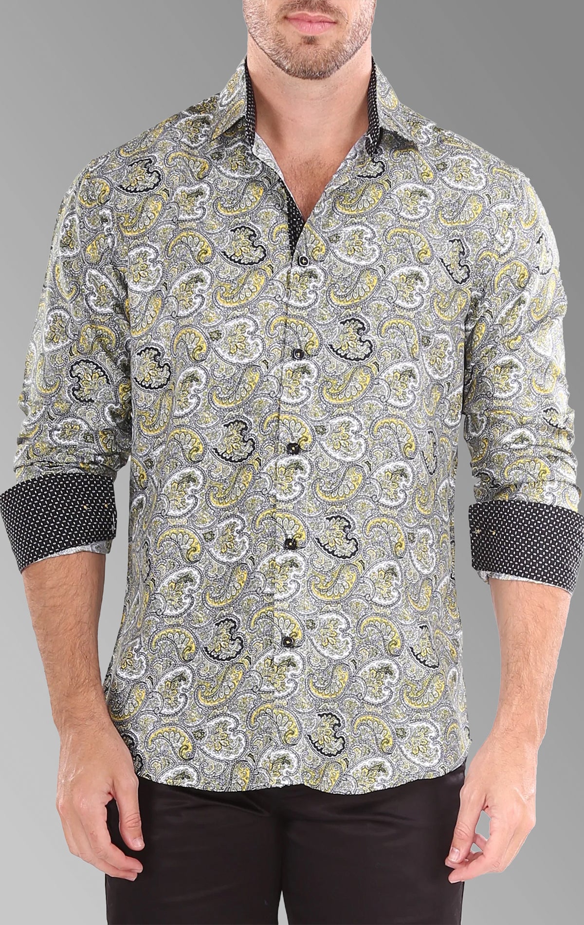 Arabian Inspired Paisley Pattern Printed Long Sleeve shirt with modern fit, adjustable cuffs, and contrast trims.