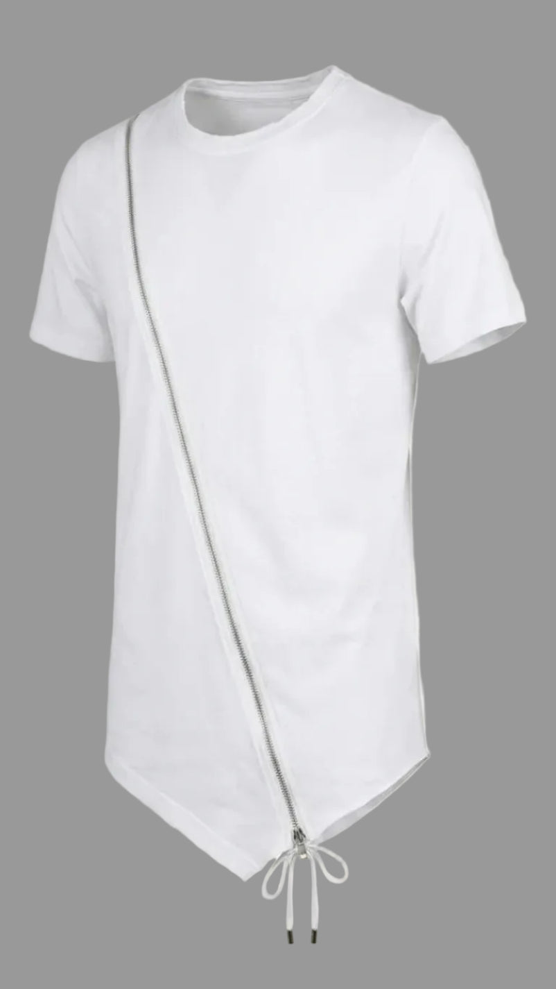 White t-shirt with a unique design on a beige background