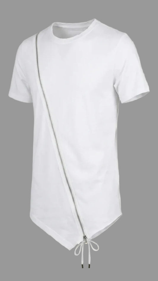 White t-shirt with a unique design on a beige background