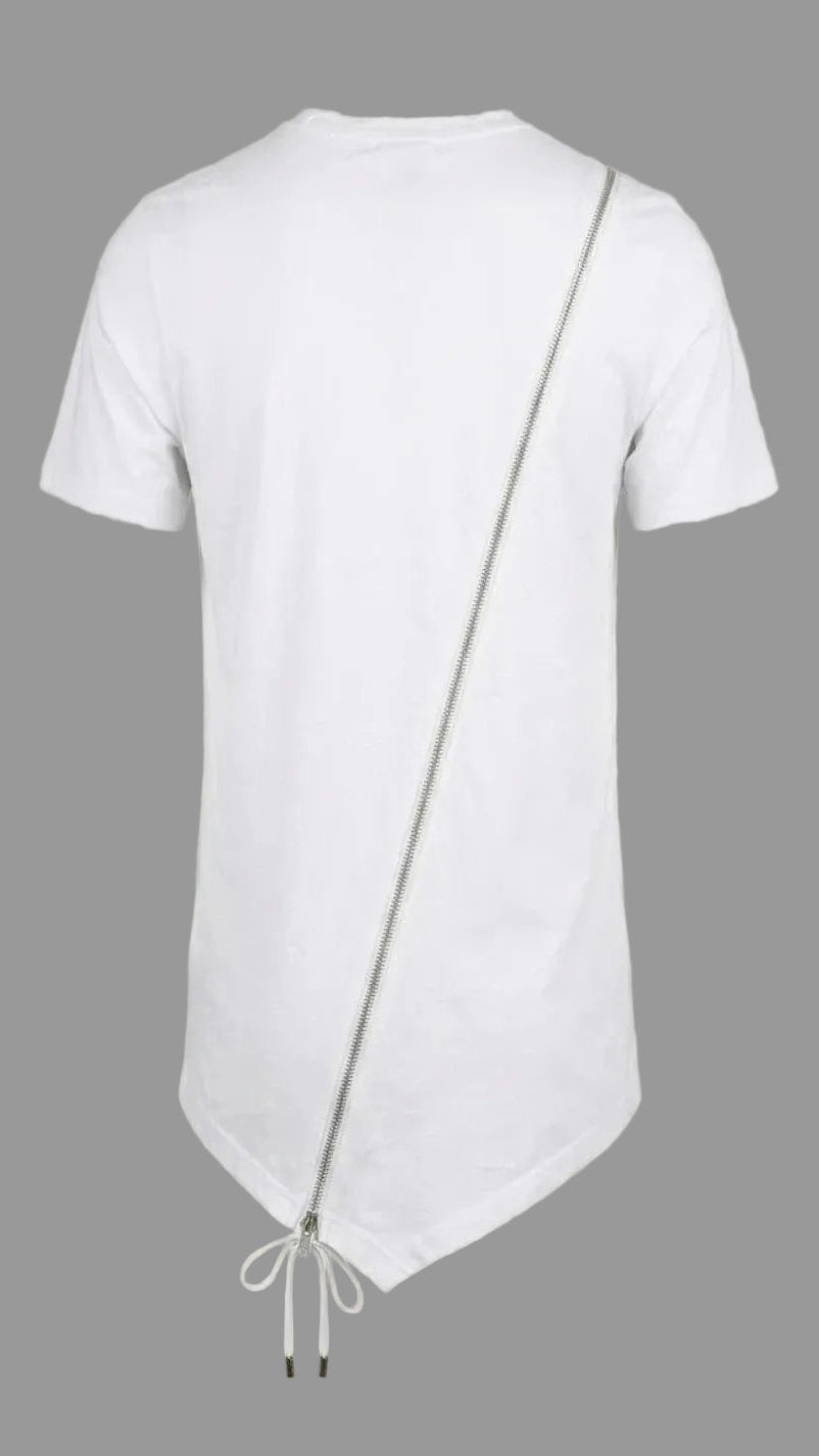White t-shirt with a unique design on a beige background
