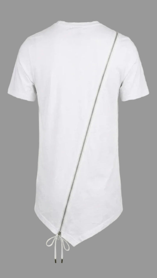 White t-shirt with a unique design on a beige background
