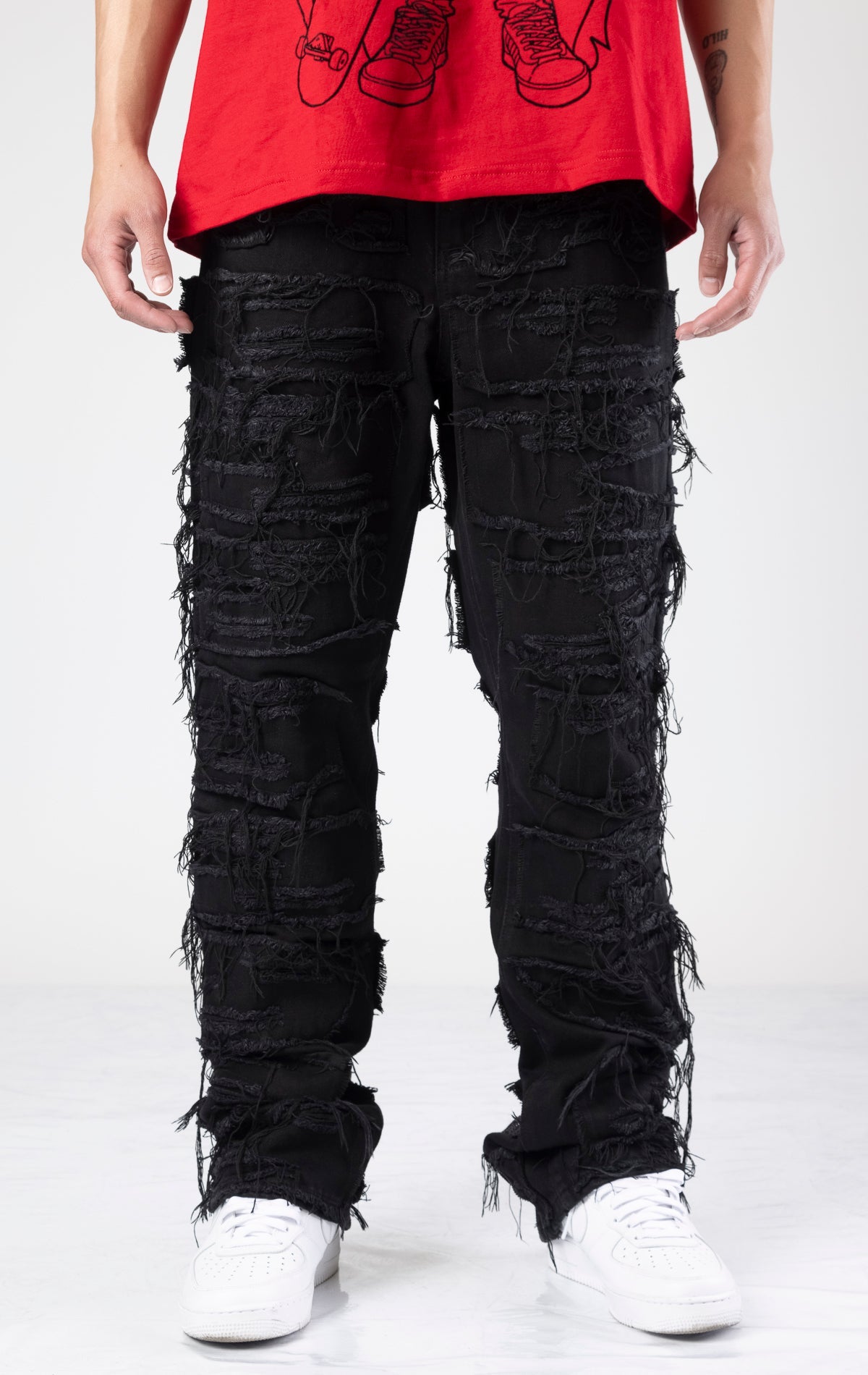 Distressed baggy denim in black